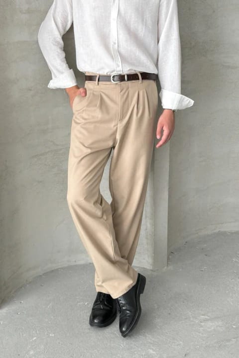 شلوار پارچه‌ای مردانه مدل Baggy با پیلی، قهوه‌ای روشن