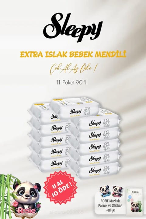 Sleepy Extra دستمال مرطوب بچه ۹۰ عددی (۱۱ عدد هدیه) و پنبه ROSIE