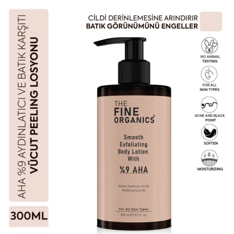 The Fine Organics AHA %9 لوسیون لایهبردار بدن ضد آکنه، لک، تیرگی و موهای زیر پوستی 300 میلیلیتری