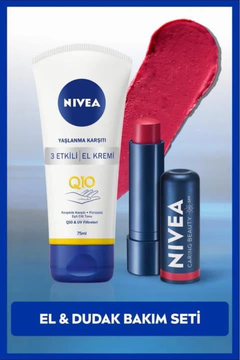 NIVEA کرم مراقبت لب قرمز و کرم دست Q10 ضد پیری