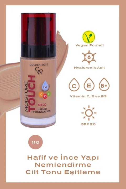 Golden Rose کرم پودر مایع مرطوب‌کننده Moisture Touch shade 110 با Hyaluronic Acid