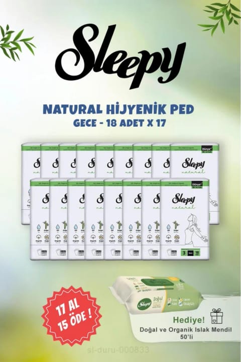 Sleepy Natural شبانه حساس 17 عدد + 50 عدد دستمال مرطوب طبیعی