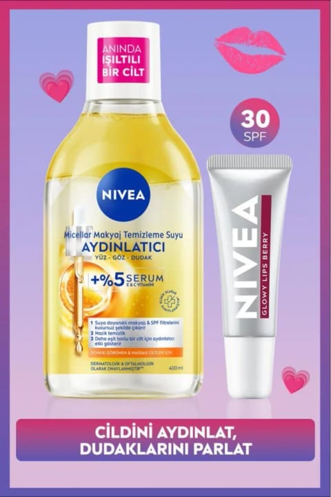 NIVEA روشنکننده میسلار واتر پاککننده آرایش 400ml و براقکننده لب Glowy Lips Berry