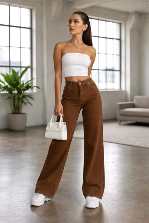 NWC Christina 90's شلوار زنانه کتان اسپرت قهوه‌ای با کمر فوق‌العاده بالا و پاچه گشاد (Wide Leg)