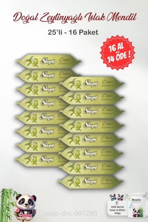 اسلیپی 16 AL 14 ÖDE اسلیپی دستمال مرطوب طبیعی با روغن زیتون ۲۵ عددی و پنبه ROSIE