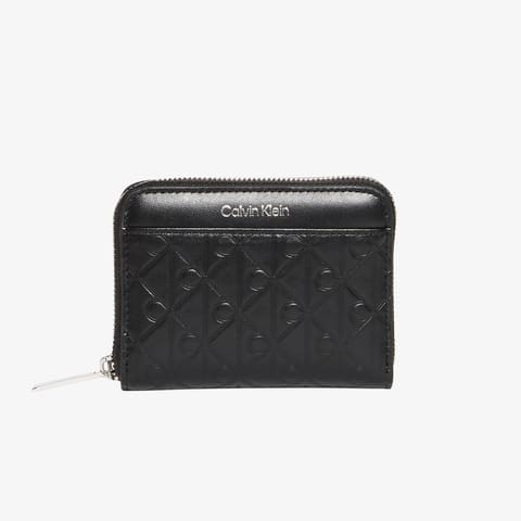 کیف پول زنانه مشکی Zip Around Calvin Klein Emblem Embossed