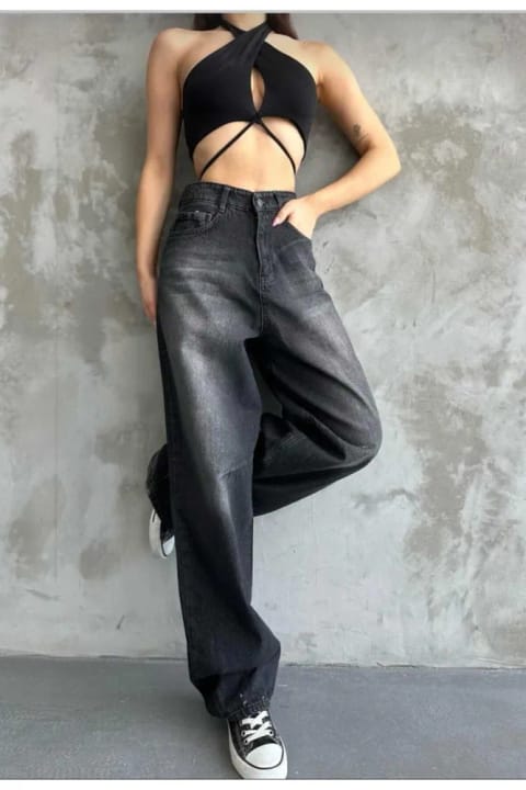 شلوار بگی آبی Lola با جزئیات گیره و tint دار، گشاد و راحت دمپا پهن DRC Trend