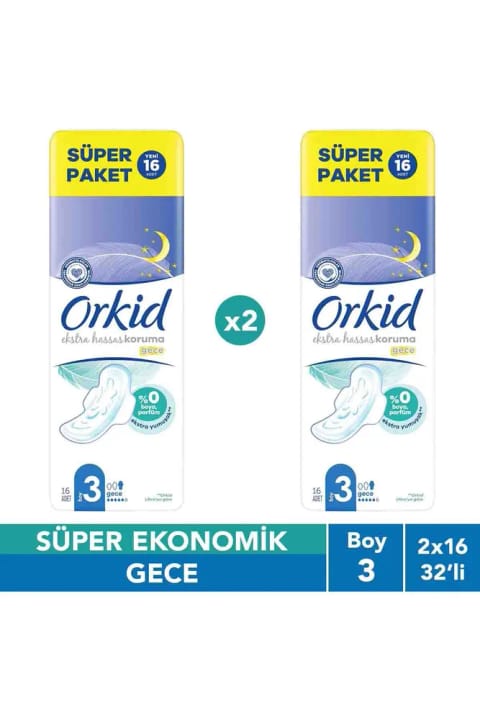 Orkid Extra Hassas Gece (سایز 3) 16 عدد سوپر پک نواربهداشتی x2