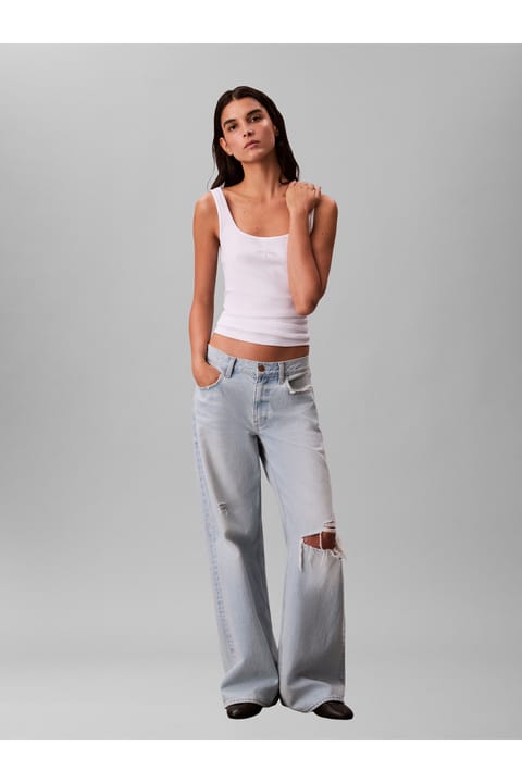 رکابی آستینحلقه یقه گرد فیت اسلیم پنبهای با لوگو و بافت کشباف Calvin Klein