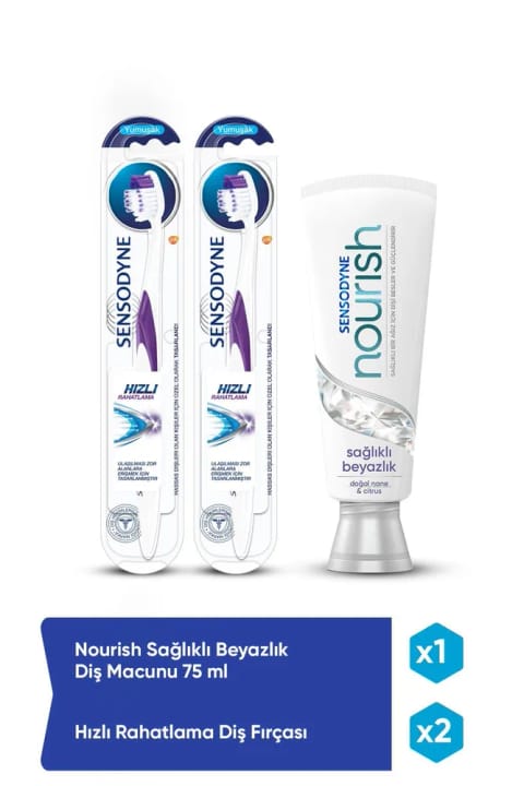 خمیردندان Sensodyne Nourish Sağlıklı Beyazlık 75 ml + مسواک Hızlı Rahatlama (بسته ۲ عددی)