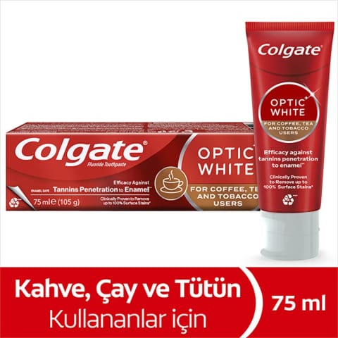 خمیردندان Colgate Optic White مخصوص مصرف کنندگان قهوه، چای و تنباکو ۷۵ میلی‌لیتر