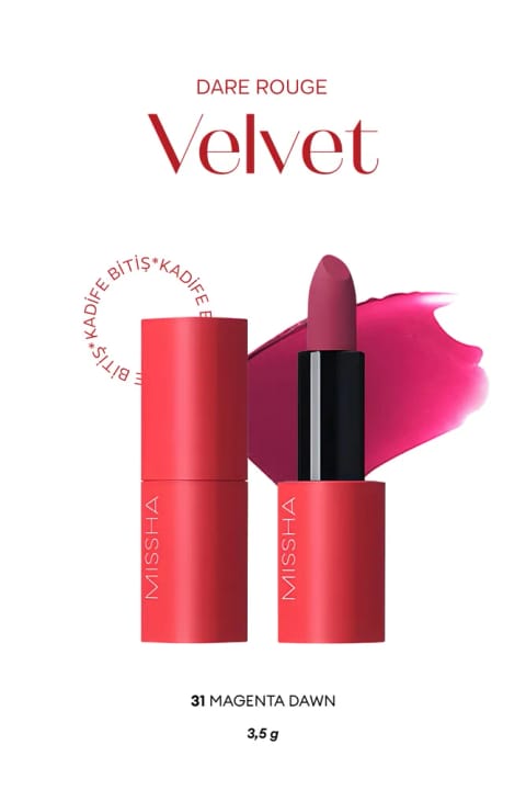 رژ لب Missha Dare Rouge Velvet با رنگدانه غنی، افکت محو کنندگی و پایانی مخملی مرطوب — 31 Magenta Dawn