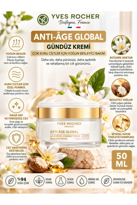 Yves Rocher Anti Age Global ۵۰ ml – برای پوست‌های خیلی خشک، ضدچین‌وچروک...