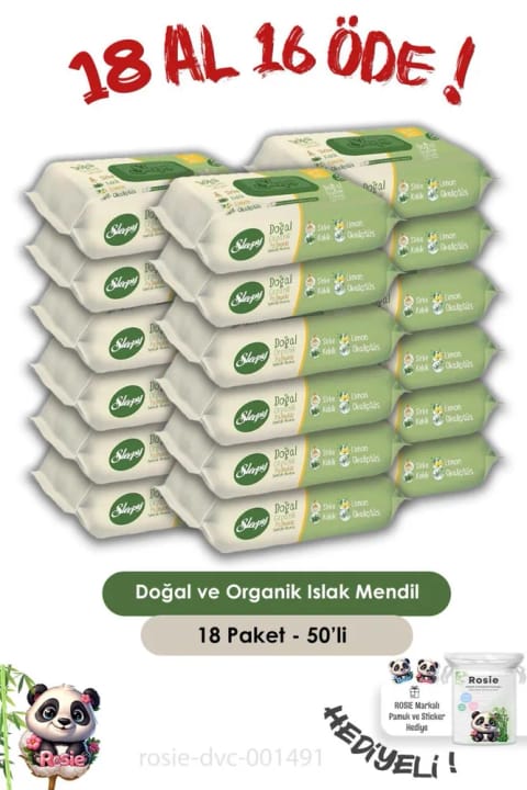 Sleepy 18 AL 16 ÖDE طبیعی و ارگانیک دستمال مرطوب 50 عددی و ROSIE