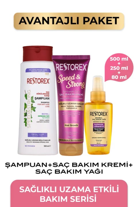 Restorex Speed Strong ترمیم‌کننده روغن + نرم‌کننده مو + شامپو ضد ریزش مو
