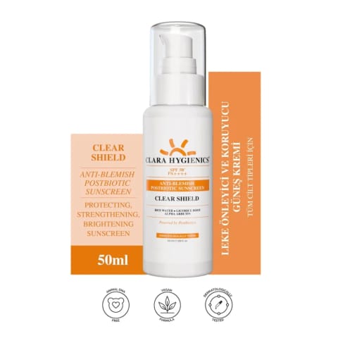 Clara Hygienics Clear Shield SPF 50+ محافظ و ضد لک با پشتیبانی Postbiotic 50 ml