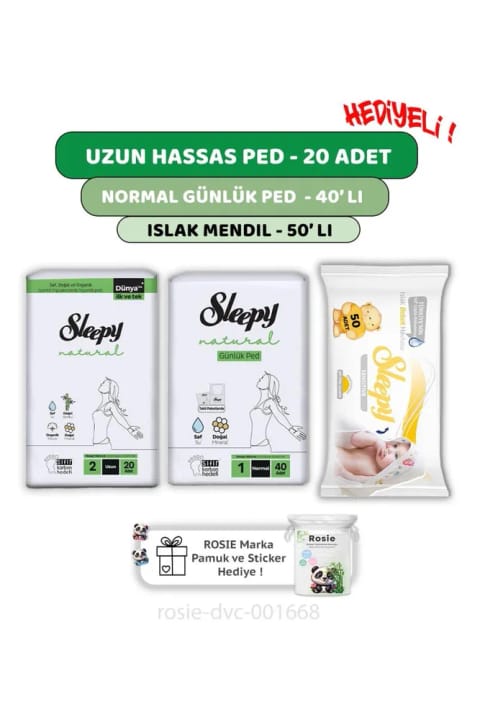 Sleepy Natural اولترا حساس پد بلند ۲۰ عددی، پد روزانه ۴۰ عددی حساس ۵۰ عددی دستمال و ROSIE