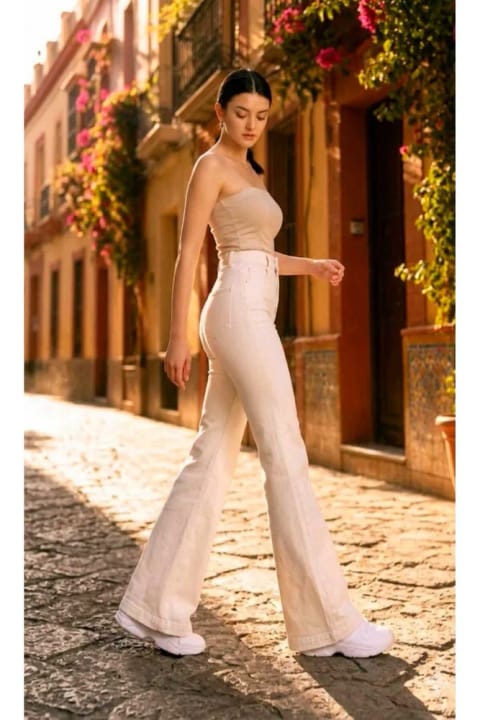 Trn JNS شلوار جین زنانه اسپانیولی مدل Luna Tall Flare رنگ بژ با پاچه گشاد Wide Leg