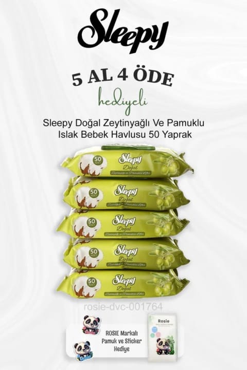 Sleepy دستمال مرطوب نوزاد با روغن زیتون و الیاف پنبه‌ای ۵۰ عددی (۵ عدد بخر ۴ عدد پرداخت کن)
