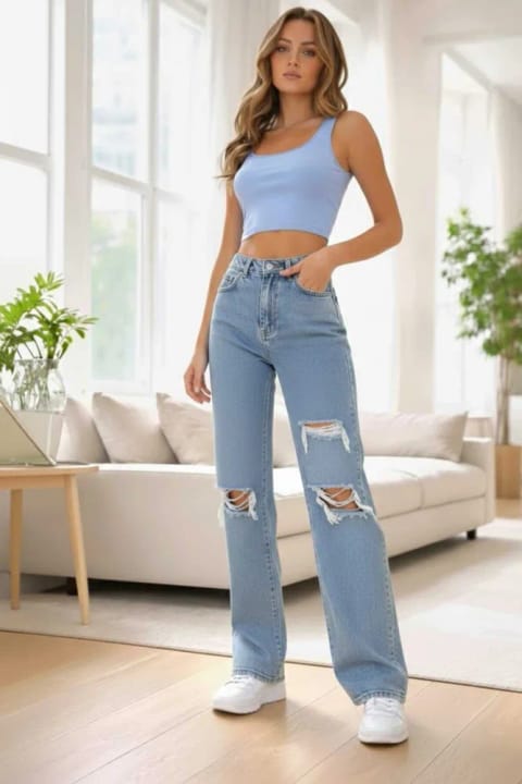 Lighter Jeans جین زنانه نرم با ۳ برش، آبی شیرین، کمر خیلی بالا، کشسان، پاچه گشاد