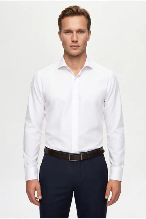 D'S Damat پیراهن اسلیم فیت سفید کلاسیک آستین بلند با یقه کراواتی easy-iron