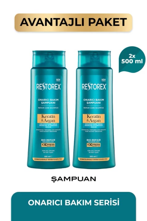 شامپوی ترمیمکننده مو Restorex با کراتین و آرگان ۲×۵۰۰ میلیلیتر