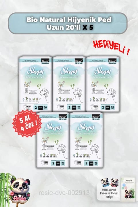 Sleepy Bio Natural نوار بهداشتی بلند ۲۰ عددی — ۵ بسته، همراه هدیهٔ Rosie