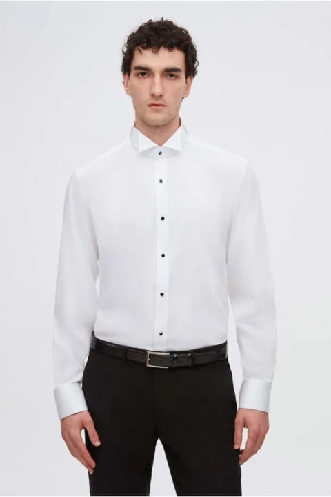 پیراهن مردانه D'S Damat مدل Regular Fit سفید ساده پارچه کتان ساتن یقه آتا با مچ دوبل