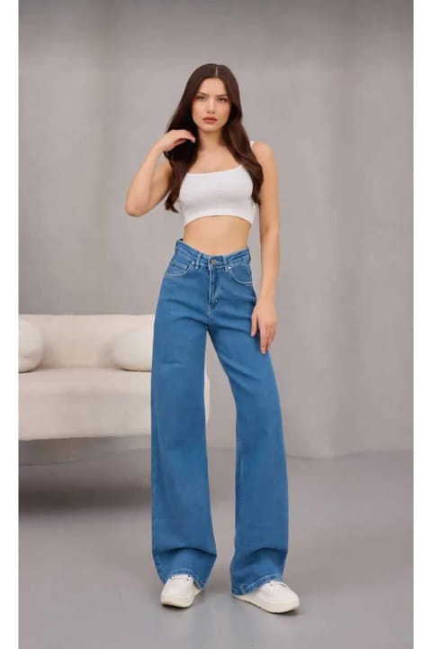 Lighter Jeans شلوار جین اسکین آبی متوسط، دمپا گشاد و کشسان، کمر بلند
