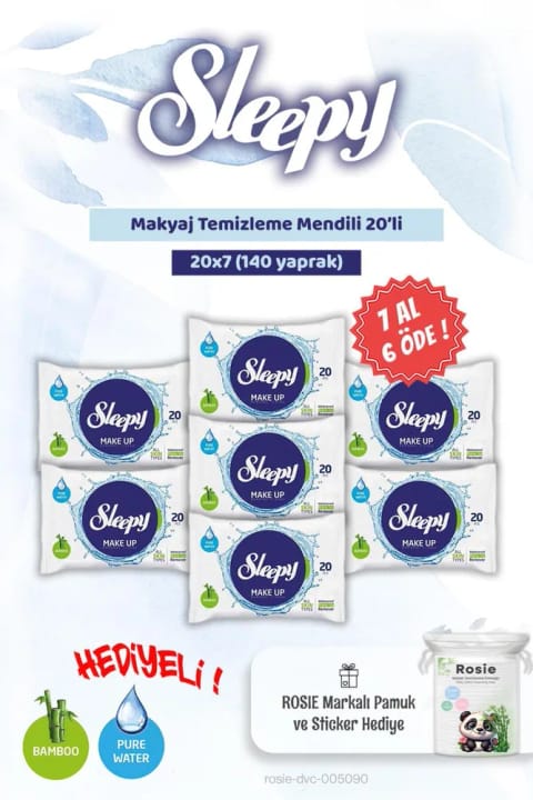 Sleepy دستمال پاککنندهٔ آرایش ۲۰ عددی — ۷ بسته، همراه پنبهٔ کودک Rosie