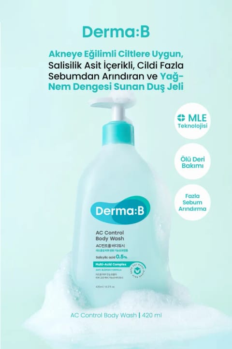Derma B ژل دوش پاککننده برای پوستهای مستعد آکنه، متعادلکننده چربی و رطوبت