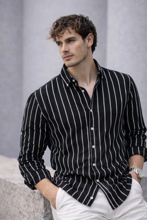 پیراهن مردانه Valiberta مدل Scorsese راه راه Relaxed Fit - مشکی