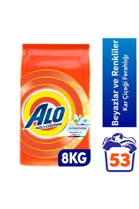 Alo کار چیچکی ۸ کیلوگرم طراوت برف، سفید و رنگی با حل سریع پودر لباسشویی