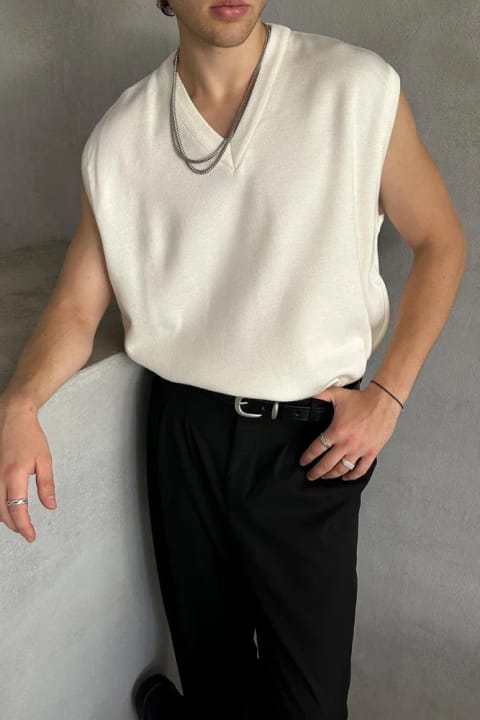 سوئتر Oversize یقه هفت مردانه رنگ Ekru