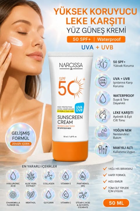 Narcissa کرم ضدآفتاب صورت با محافظت بالا، ضد لک 50 SPF+ ضدآب UVA...