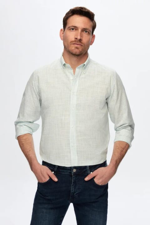 پیراهن کتان تابستانی D'S Damat مدل Slim Fit راه‌راه سبز ۱۰۰٪ پنبه