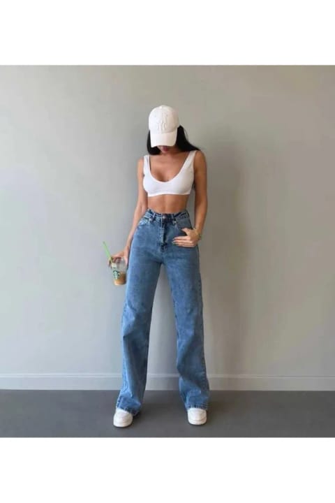 Livik Irina لیکرا دار 90's زنانه آبی فاق متوسط کمر بسیار بالا شلوار جین گشاد