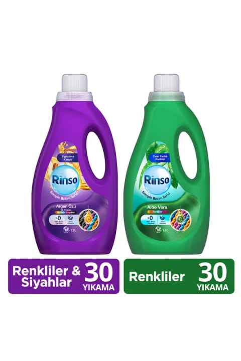 Rinso مایع آرگان رنگ‌ها و مشکی ۱.۵ لیتر + مایع آلوئه‌ورا رنگ‌ها