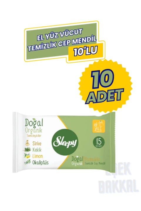Sleepy 10'lu Paket Cep Mendili Doğal Pamuklu El Yüz Vücut Temizlik Mendili 15'li