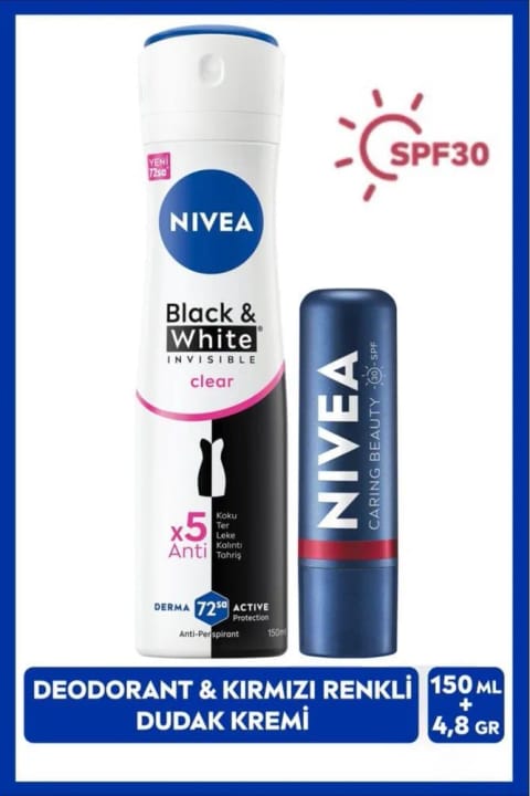 NIVEA SPF30 مرطوب‌کننده بالم لب قرمز و دئودورانت اسپری زنانه Black&White