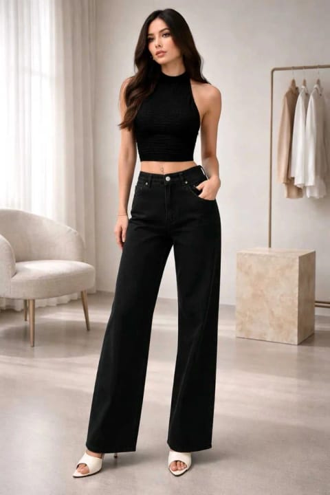 Lighter Jeans شلوار جین زنانه کمر بلند مشکی اسپندکس با پاچه گشاد – حالت ارتجاعی D...
