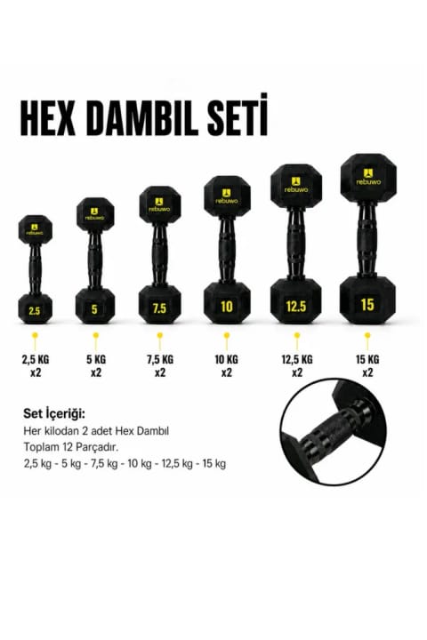 Rebuwo Hex دمبل ست 2.5-15 کیلوگرم – 12 قطعه ست وزنه حرفهای