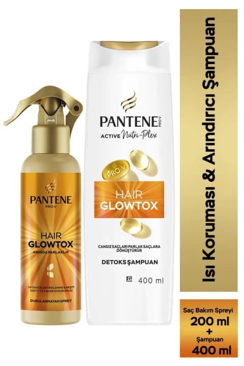 شامپو پاککننده Pantene Pro-V Glowtox و اسپری محافظ حرارتی مو بدون آبکشی