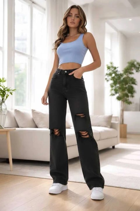 Lighter Jeans شلوار جین زنانه نرم مشکی سوپر های-وایست با سه برش و پاچه گشاد
