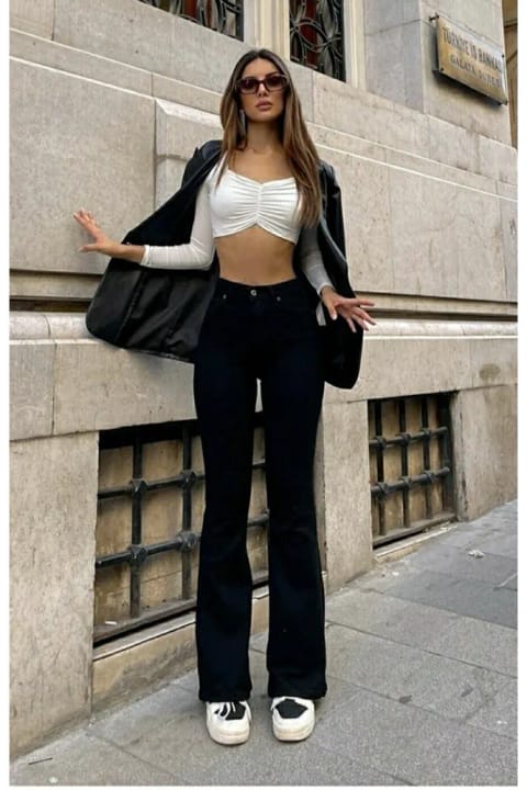 DRC trend Hot Women شلوار جین اسپانیایی مشکی زنانه با پاچه اسپانیایی و کمر بلند