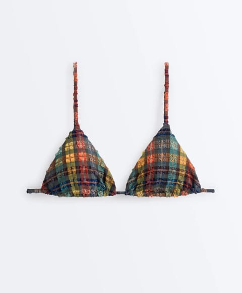 Textured check triangle bikini top