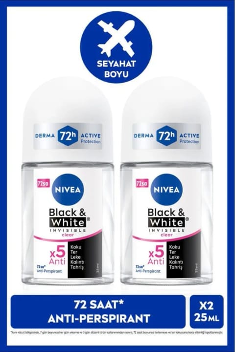 NIVEA رولآن زنانه Black&White Invisible Clear 25ml، محافظت 72 ساعته