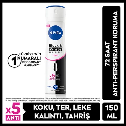 Nivea دئودورانت اسپری زنانه Black & White Clear 150 میلی‌لیتر محافظ ۷۲ ساعته ضدتعریق