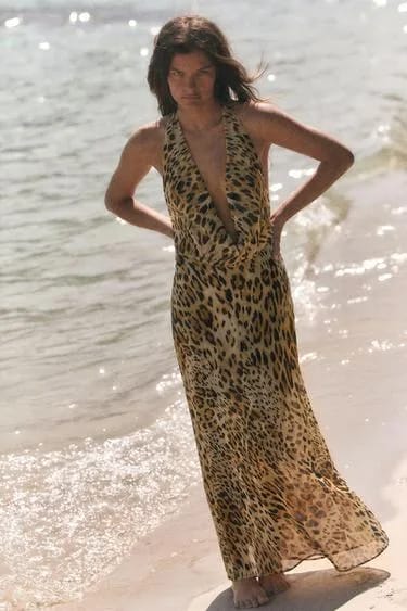 ANIMAL PRINT پیراهن بلند ژرژت هالتر طرح حیوانی