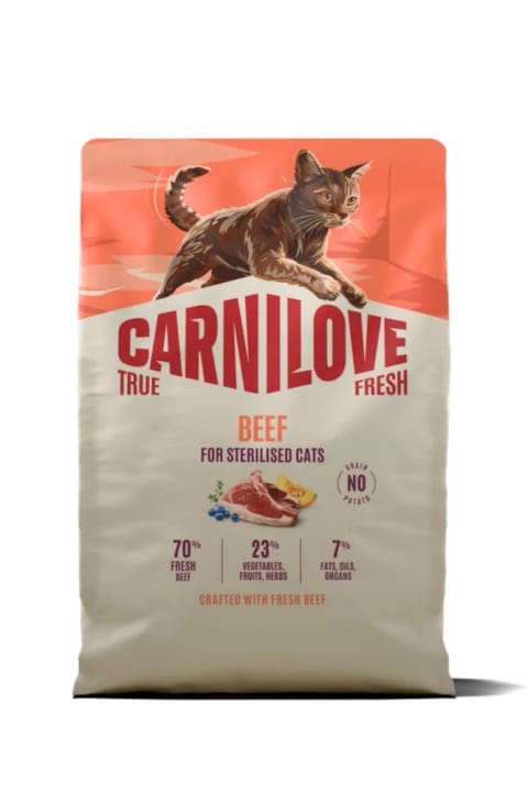 Carnilove TRUE FRESH بدون غلات مخصوص گربه‌های بالغ عقیم‌شده با گوشت گاو...